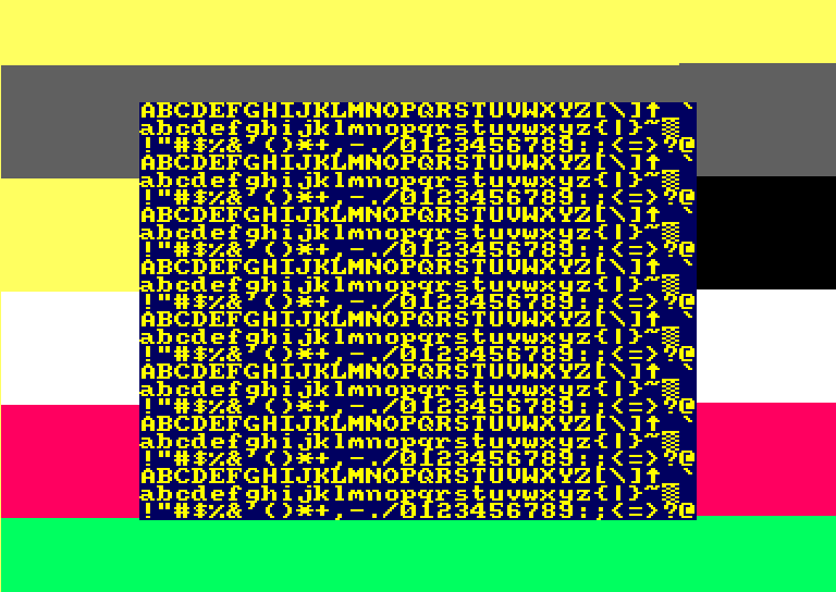 Screenshot of Amstrad interrupt positions showing where mode and colours can be changed quickly relative to pixel graphics. R1=32, R2=42, R6=24,R7=30