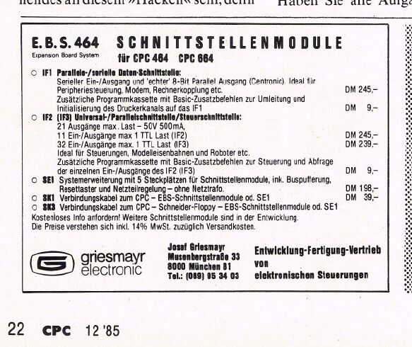 Griesmayer RS232 and Centronics Advert (CPC Schneider International, issue 12-1985, page 22).jpg